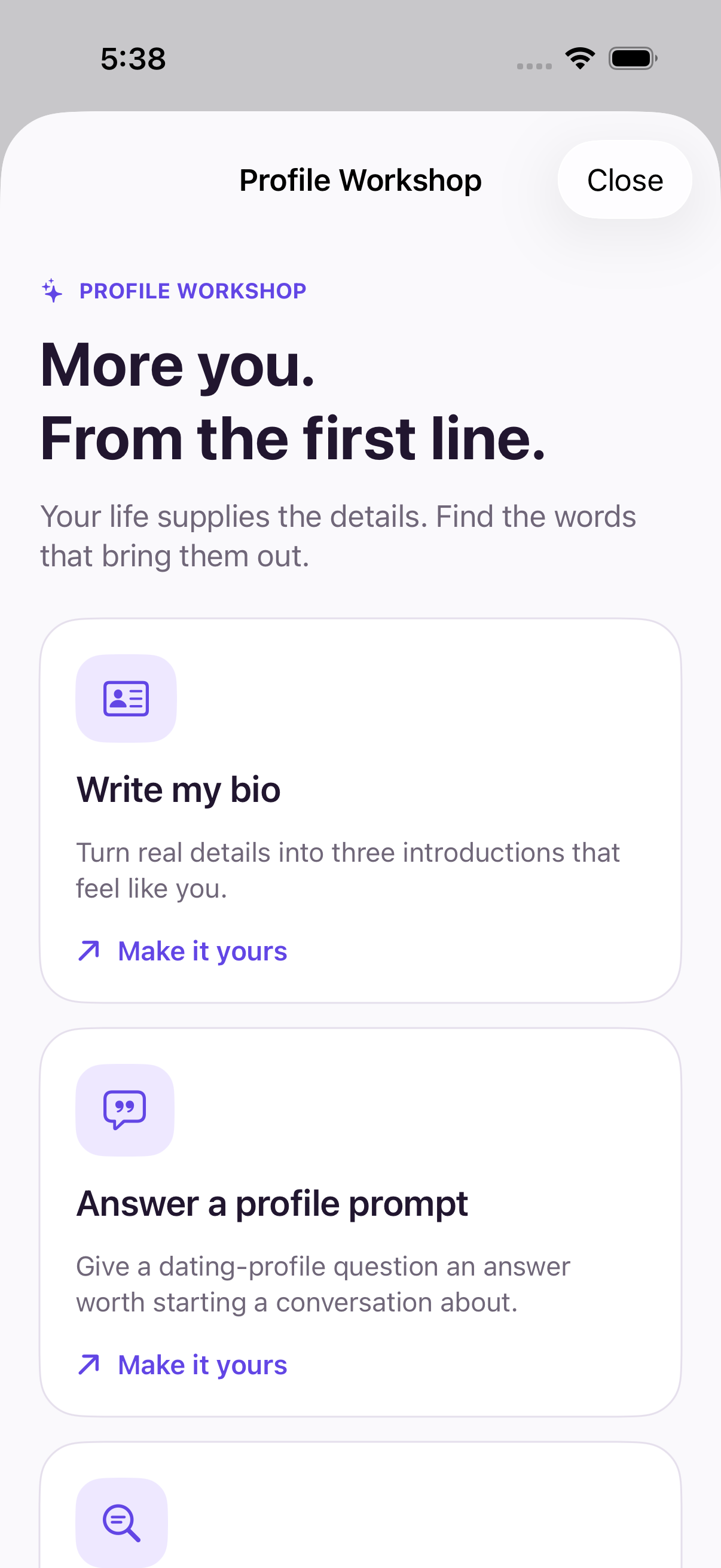 Linekind Profile Workshop with choices to write a bio, answer a profile prompt or review profile text