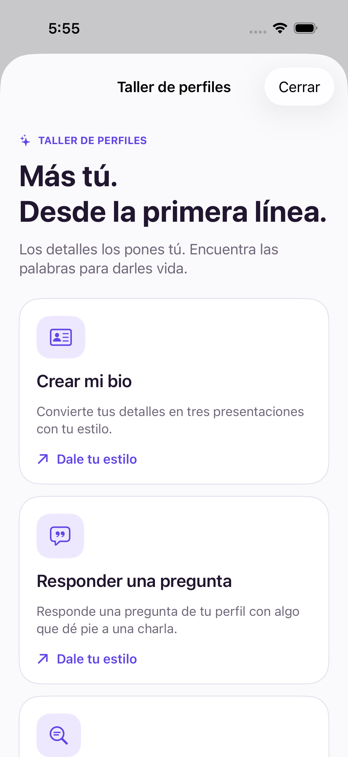 Taller de perfiles de Linekind con opciones para escribir una bio, responder una pregunta de perfil o revisar el texto de un perfil
